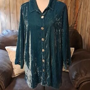 Habitat Boho Long Teal Crushed Velvet Tunic Top Blouse Size L Button Down